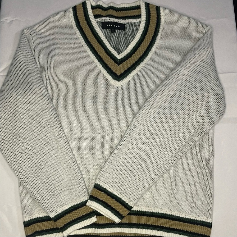 PacSun Men’s Small Ivory Varsity V Neck Sweater Preppy Golfcore